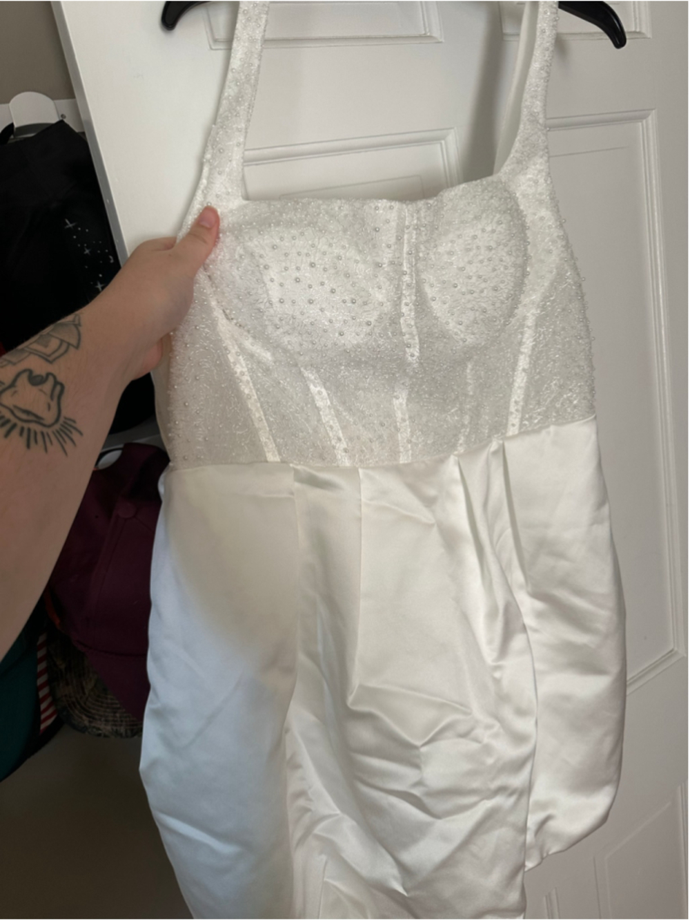 Beaded short white satin-y party wedding dress NEW size 16